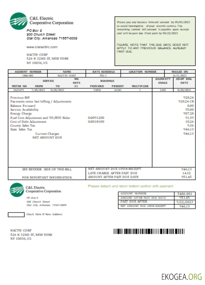 Facture commerciale de services publics de C & L Electric Cooperative Corporation, SCR